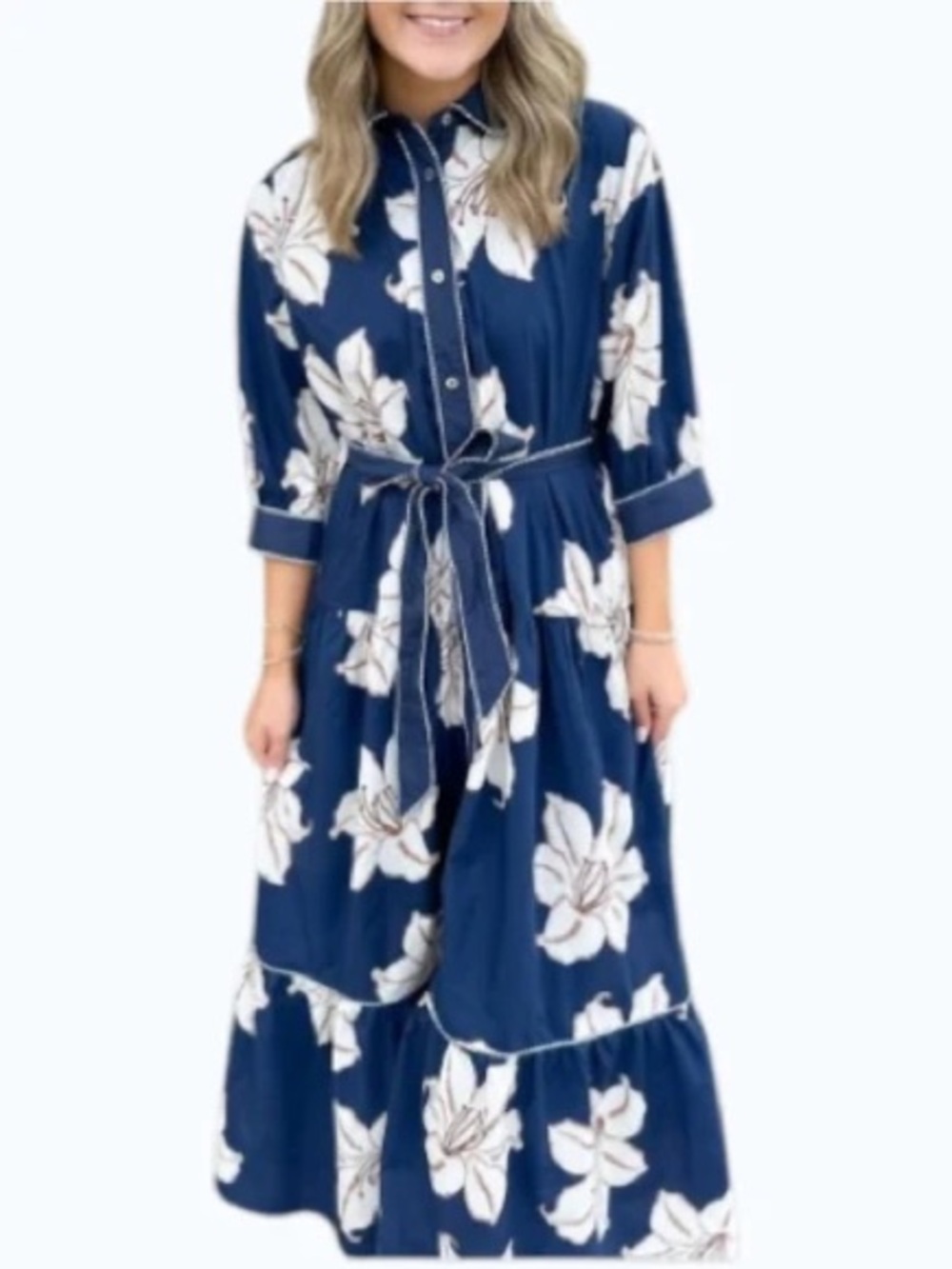entro Navy and White Floral Tie-Waist Maxi Shirt Dress